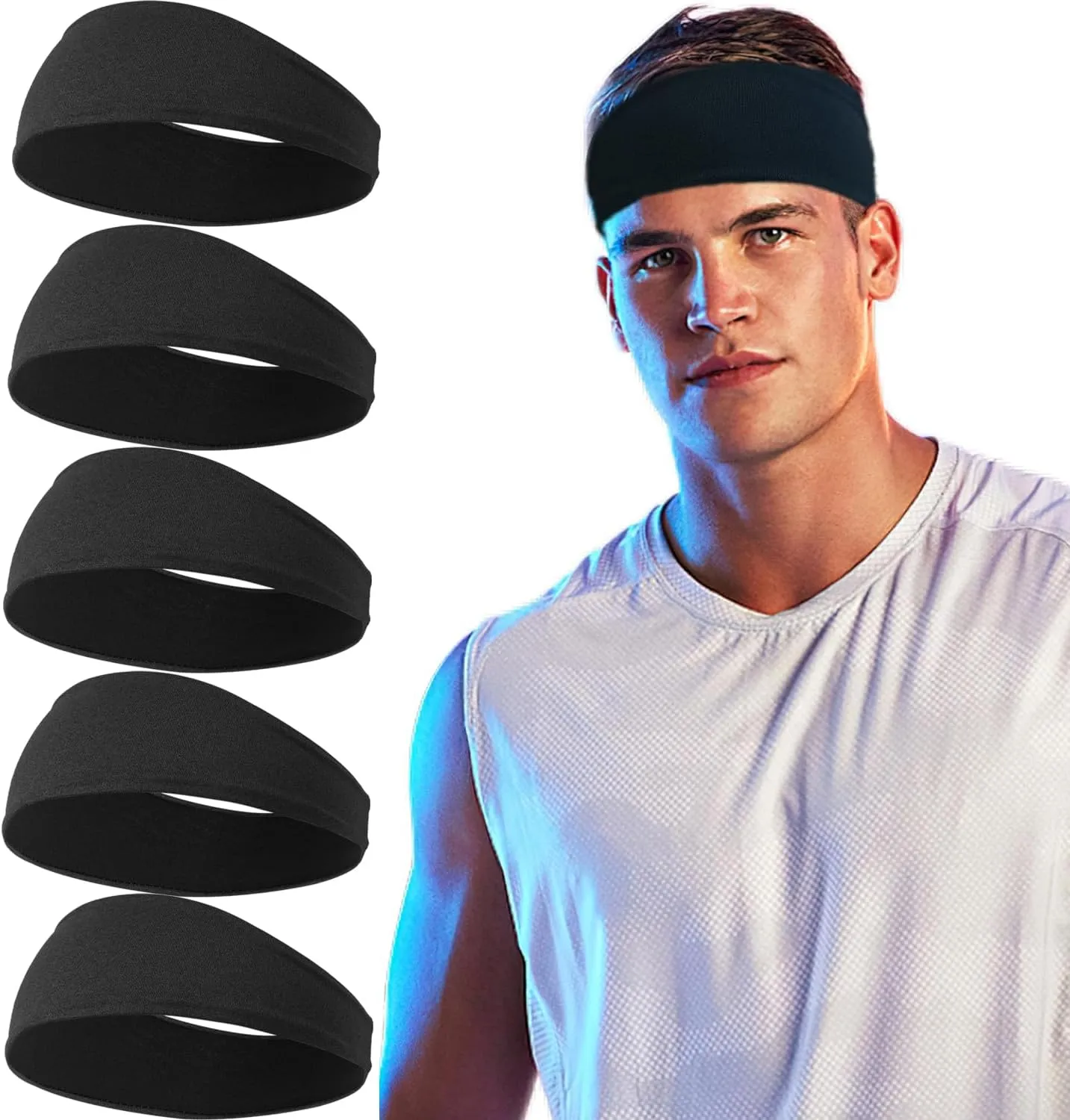 5 Pack Sports Headband for Men, Breathable Mesh Design, Reused & Washed Mens Headband Sweat Bands for Running Yoga Fitness Workout