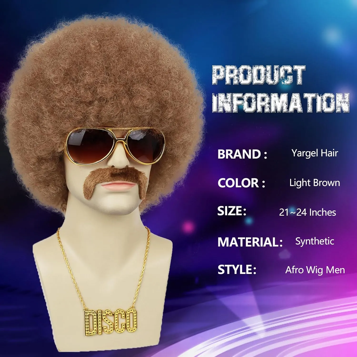 70s Afro Wigs for Men Rocker Disco Party 5pcs Set (Wig  Glasses  Disco Necklace  Mustache  Wig Cap) Afro Puff Wigs for 70s 80s Halloween Costume Cosplay Party Use (Brown Color)