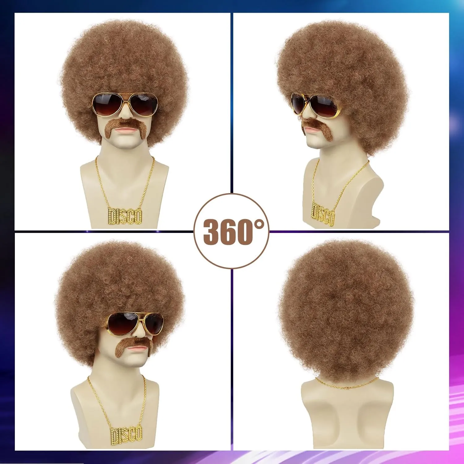 70s Afro Wigs for Men Rocker Disco Party 5pcs Set (Wig  Glasses  Disco Necklace  Mustache  Wig Cap) Afro Puff Wigs for 70s 80s Halloween Costume Cosplay Party Use (Brown Color)