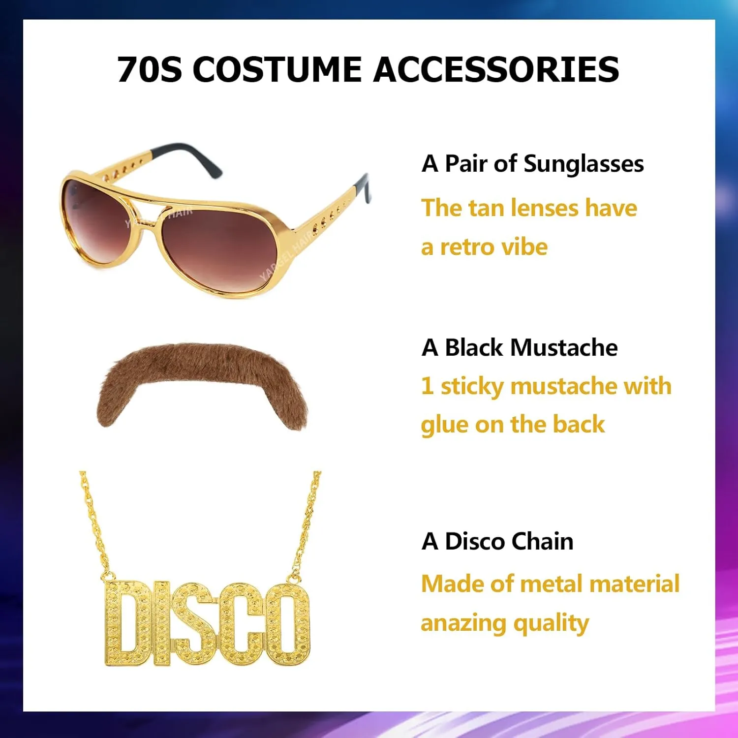 70s Afro Wigs for Men Rocker Disco Party 5pcs Set (Wig  Glasses  Disco Necklace  Mustache  Wig Cap) Afro Puff Wigs for 70s 80s Halloween Costume Cosplay Party Use (Brown Color)
