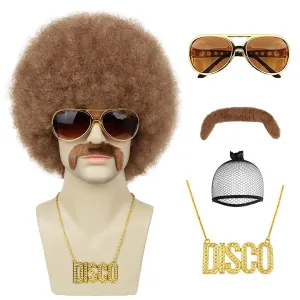 70s Afro Wigs for Men Rocker Disco Party 5pcs Set (Wig  Glasses  Disco Necklace  Mustache  Wig Cap) Afro Puff Wigs for 70s 80s Halloween Costume Cosplay Party Use (Brown Color)