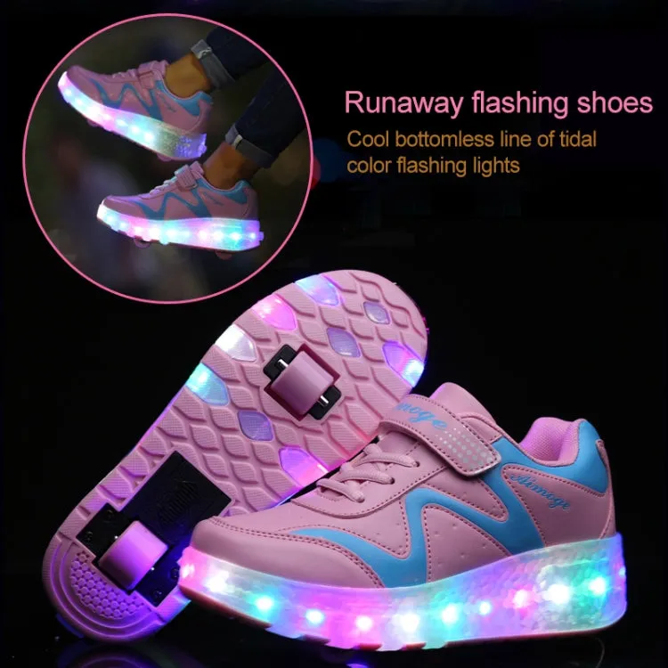 786 LED Light Ultra Light Rechargeable Double Wheel Roller Skating Shoes Sport Shoes, Size : 30(Pink)