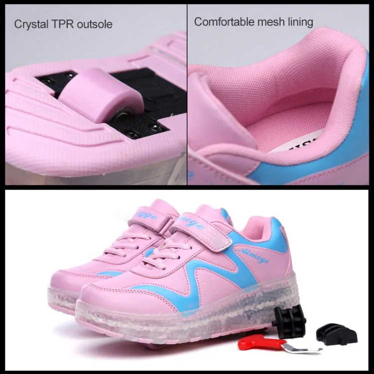 786 LED Light Ultra Light Rechargeable Double Wheel Roller Skating Shoes Sport Shoes, Size : 30(Pink)