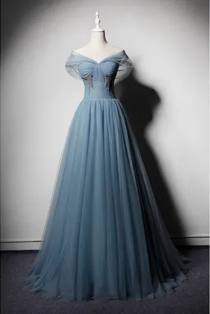 Blue Tulle V Neck Off Shoulder Long Senior Prom Dress Evening Dress