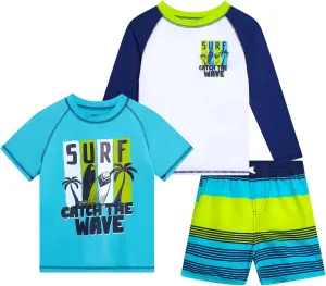Boys Swim Set - 3 Piece Toddler Swim Trunks Boys Rash Guard Long Sleeve and Short Sleeve Kids Swimwear (2T-7)