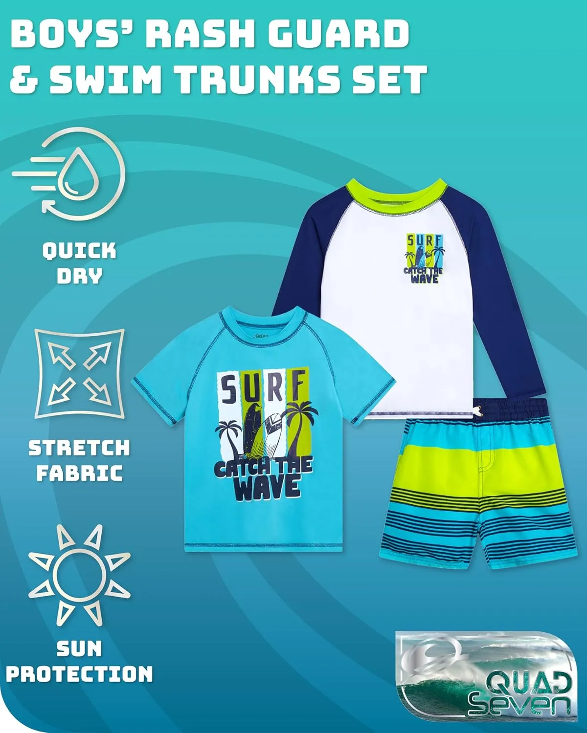 Boys Swim Set - 3 Piece Toddler Swim Trunks Boys Rash Guard Long Sleeve and Short Sleeve Kids Swimwear (2T-7)