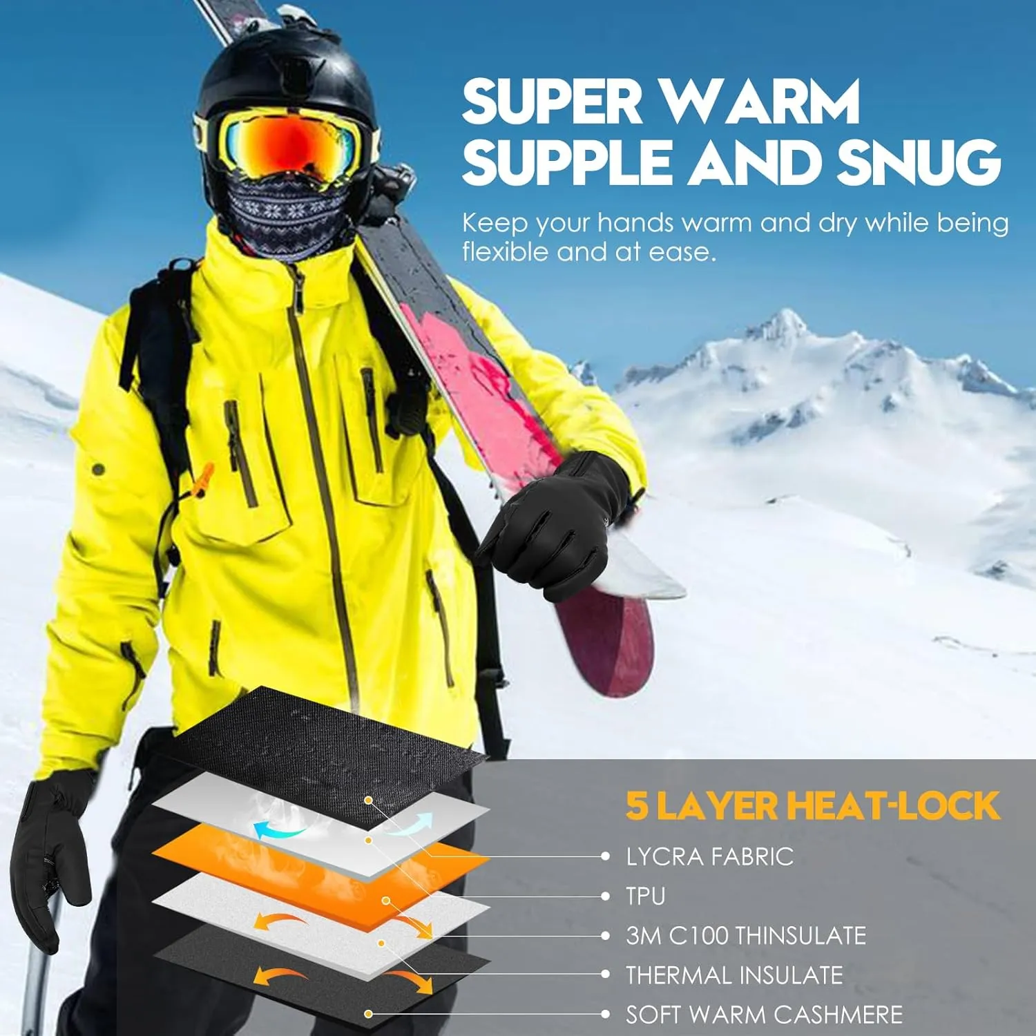 Bruvoalon Y322 Winter Gloves for Men & Women, -30?H Touchscreen 5-Layer Thermal Insulated, Windproof Anti-Slip Ski Gloves