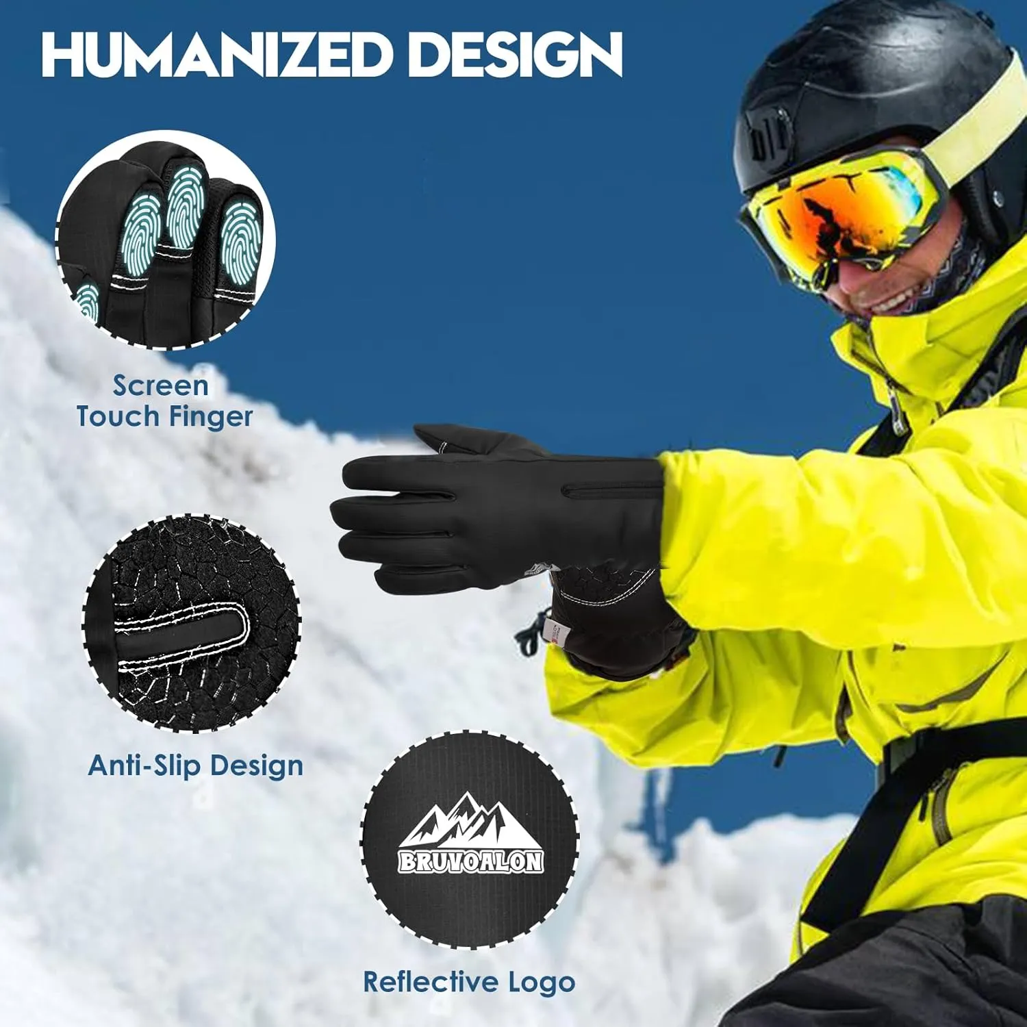Bruvoalon Y322 Winter Gloves for Men & Women, -30?H Touchscreen 5-Layer Thermal Insulated, Windproof Anti-Slip Ski Gloves