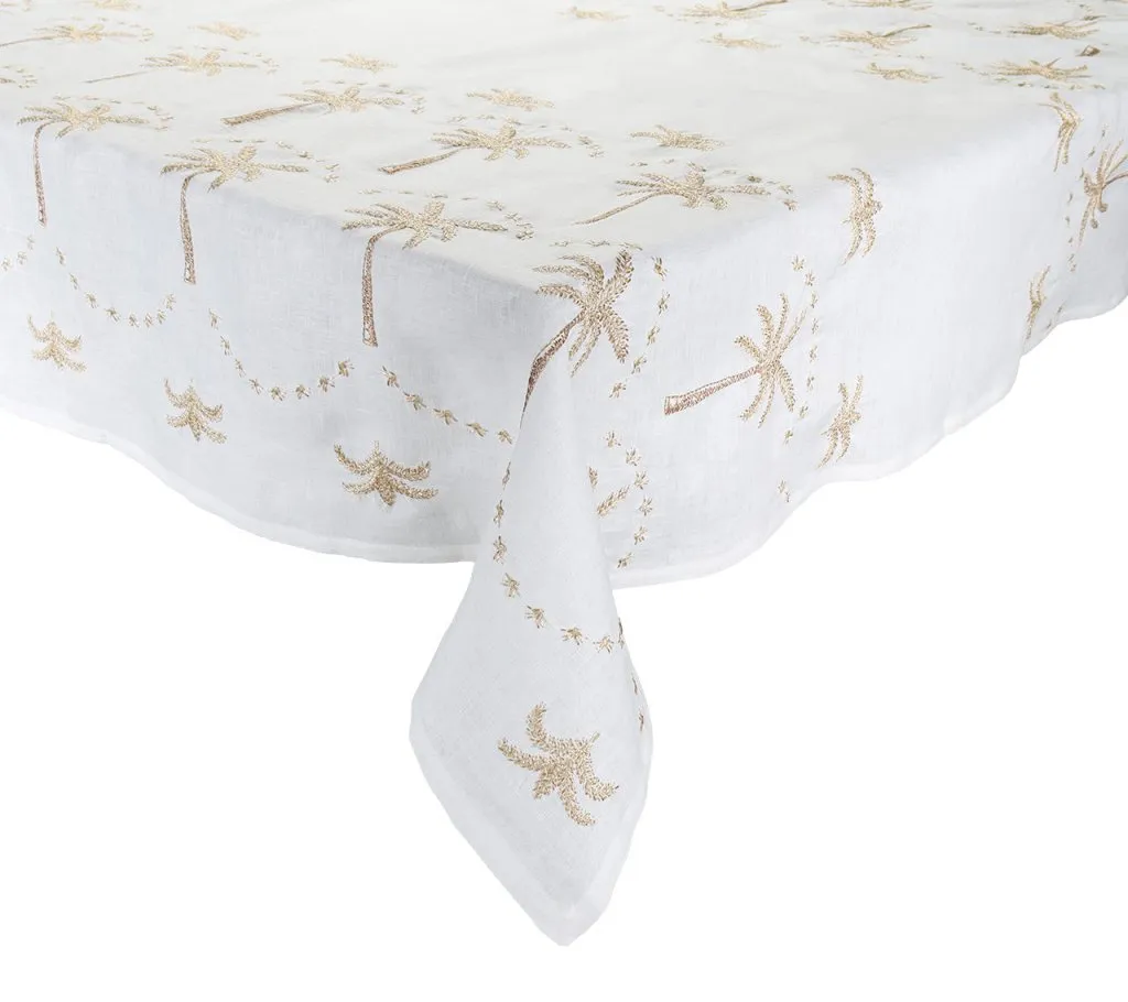 Embroidered Palm Tablecloth in White, Natural & Gold