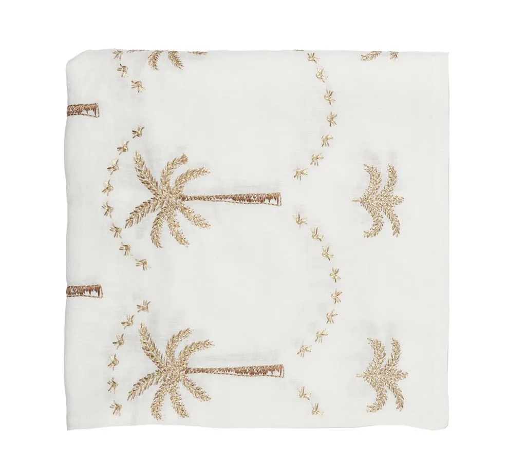 Embroidered Palm Tablecloth in White, Natural & Gold