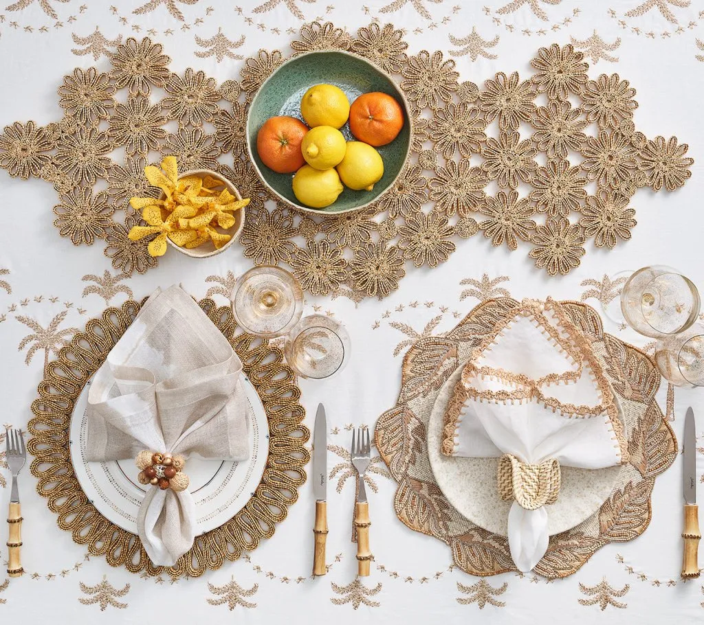 Embroidered Palm Tablecloth in White, Natural & Gold