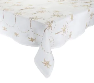 Embroidered Palm Tablecloth in White, Natural & Gold