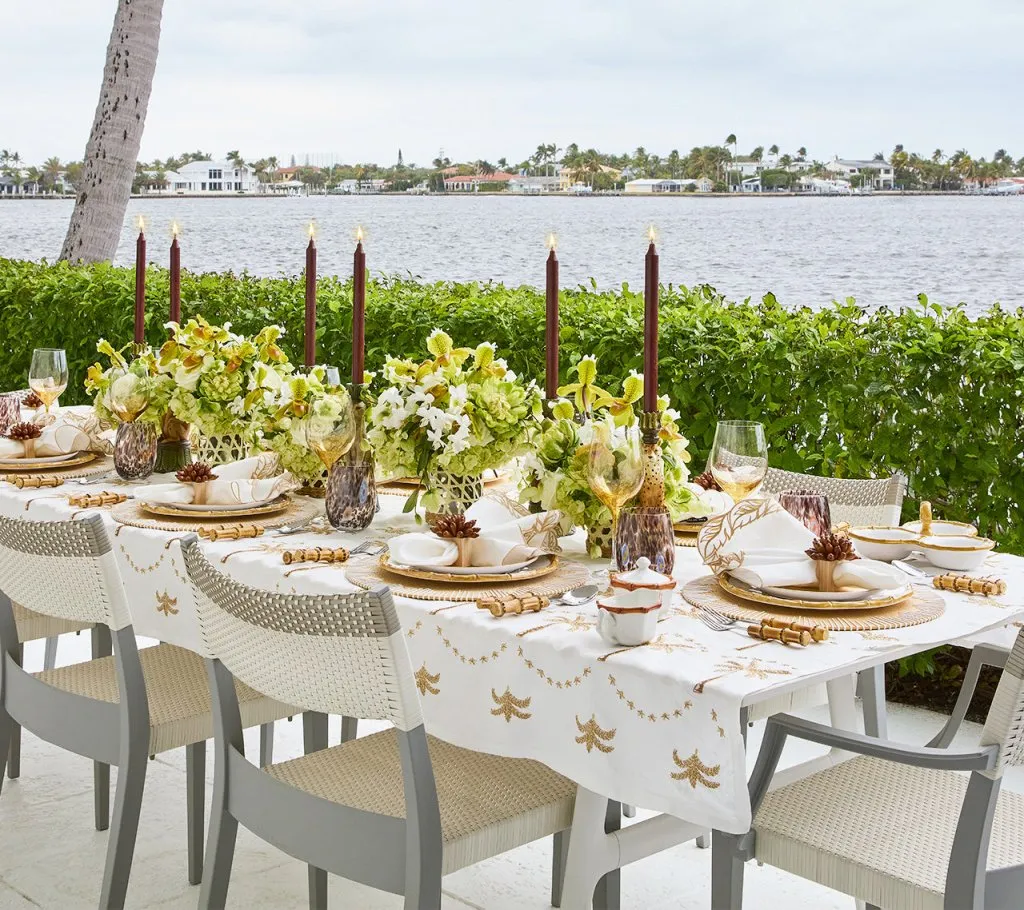 Embroidered Palm Tablecloth in White, Natural & Gold