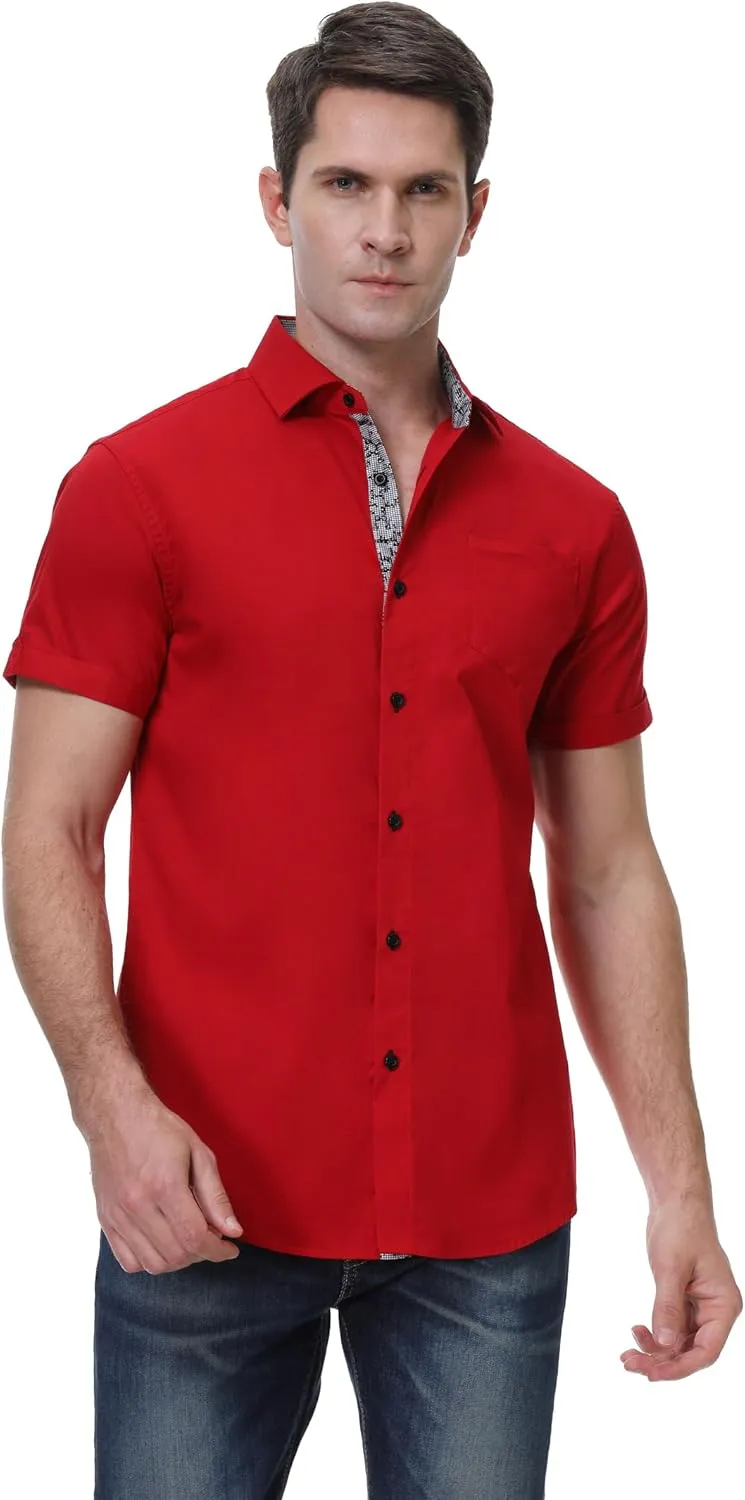 Esabel.C Mens Short Sleeve Dress Shirts 4-Way Stretch Regular Fit Stretch Wrinkle-Free Casual Button Down Shirts