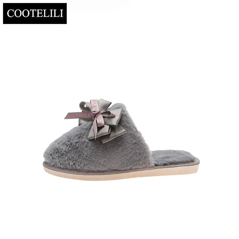 Faux-Fur Slippers with Satin Bow for Women