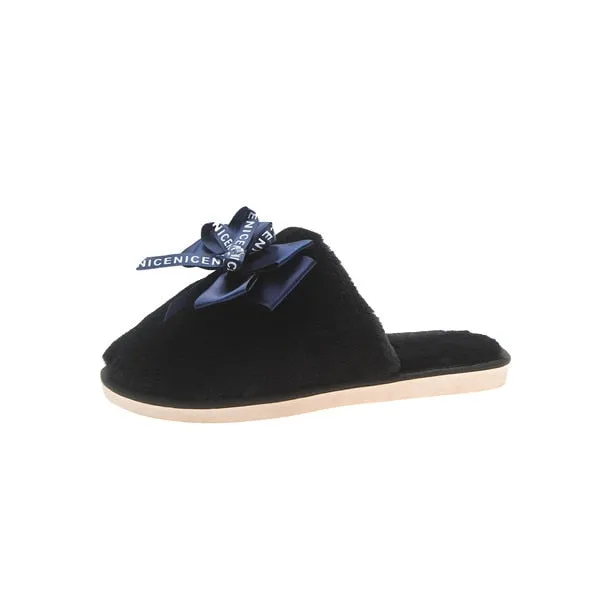 Faux-Fur Slippers with Satin Bow for Women