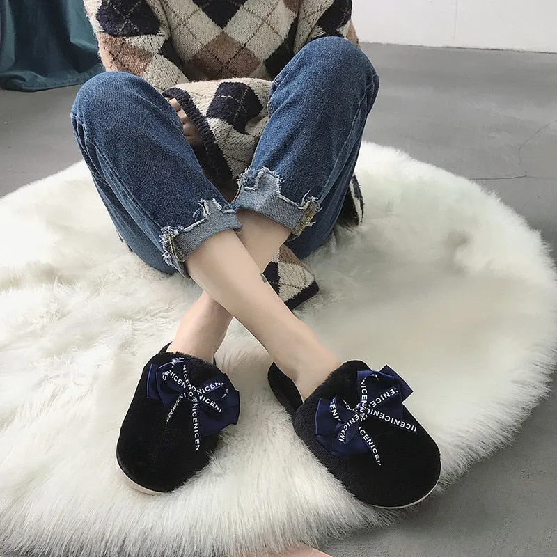 Faux-Fur Slippers with Satin Bow for Women
