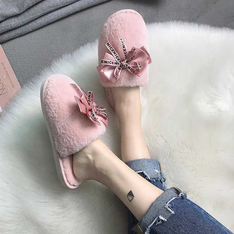 Faux-Fur Slippers with Satin Bow for Women