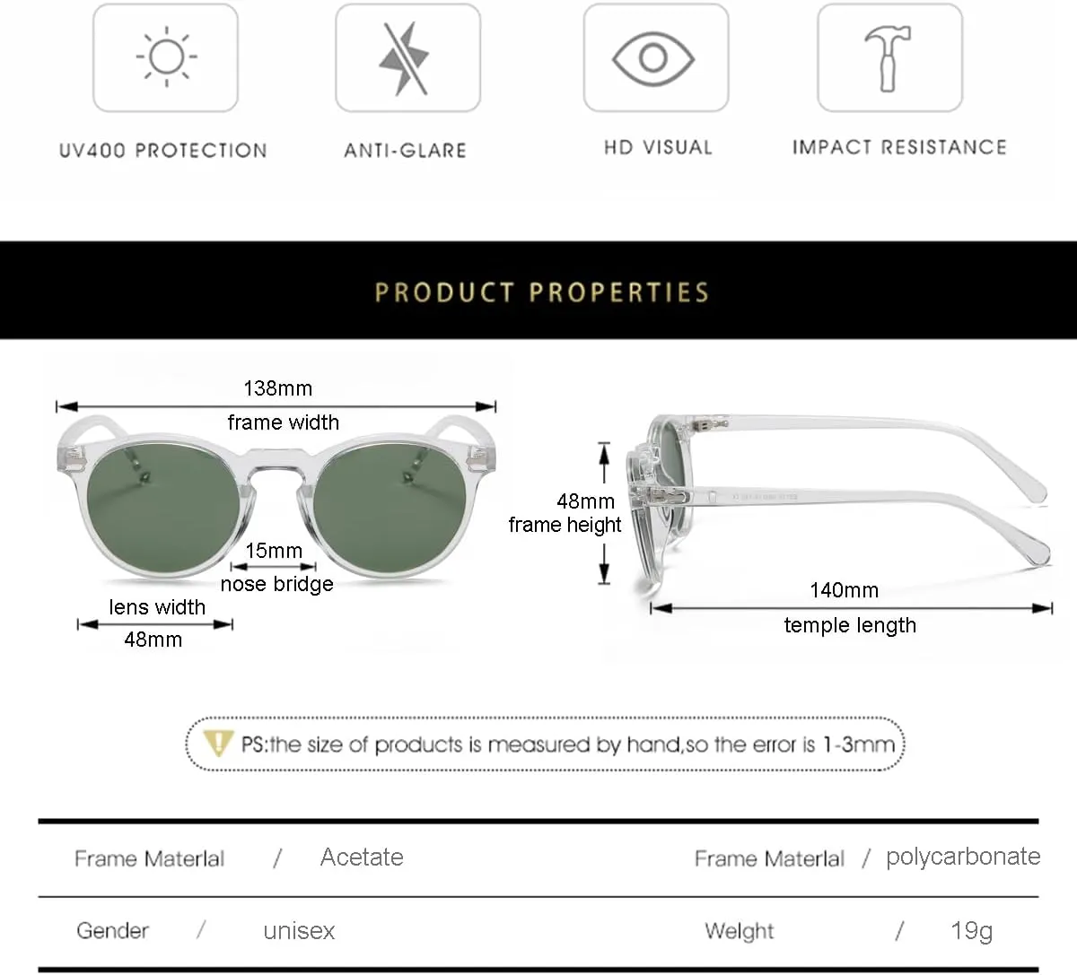 Gleyemor Vintage Polarized Sunglasses for Men Round Sunglasses UV400 Protection Retro Hand-crafted Acetate Frame