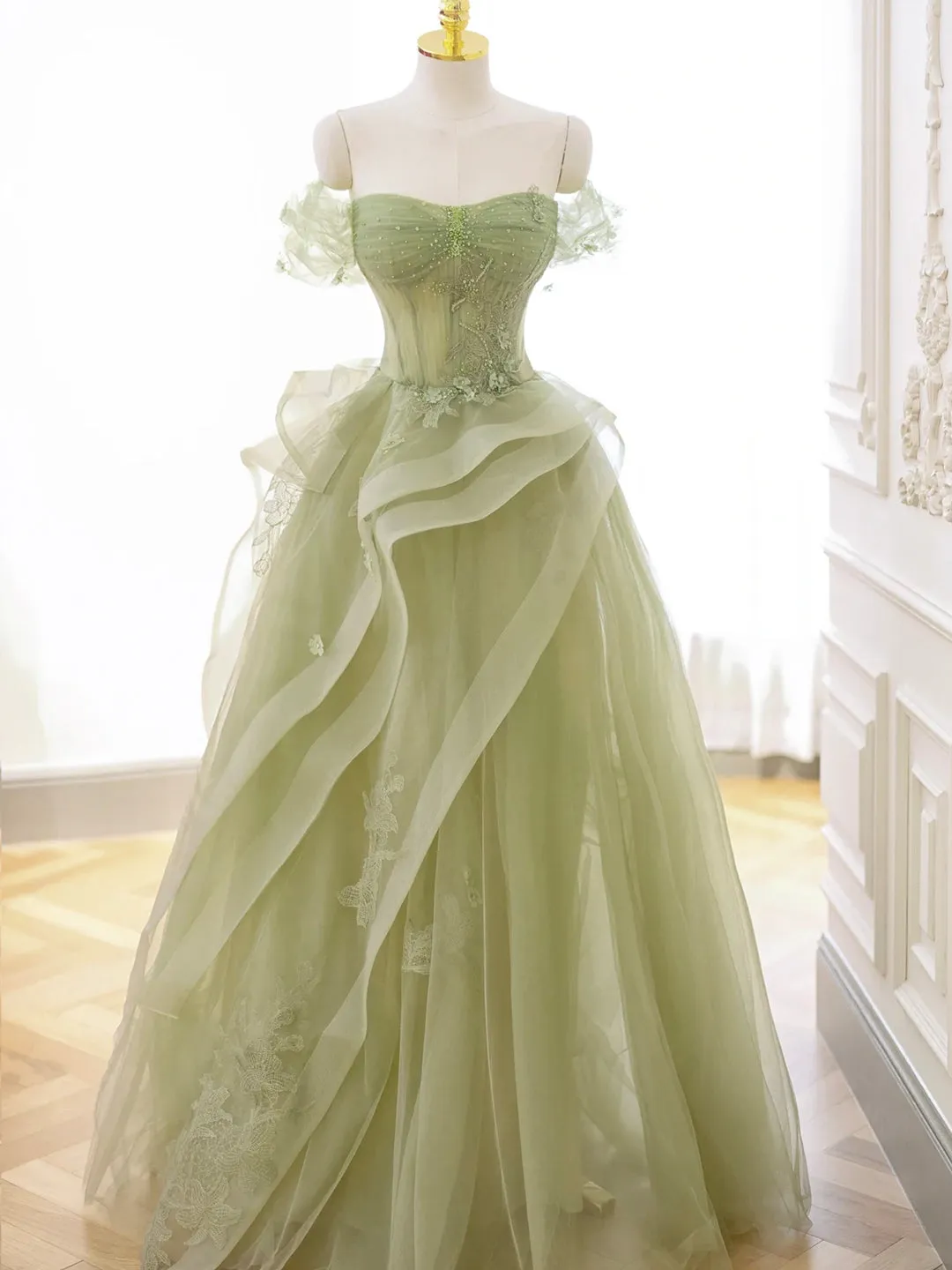 Green Tulle Long Floor Length Prom Dress Beautiful A-Line Evening Party Dress with Lace