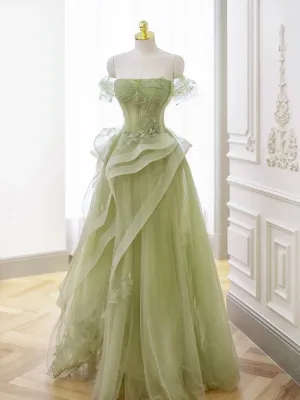 Green Tulle Long Floor Length Prom Dress Beautiful A-Line Evening Party Dress with Lace