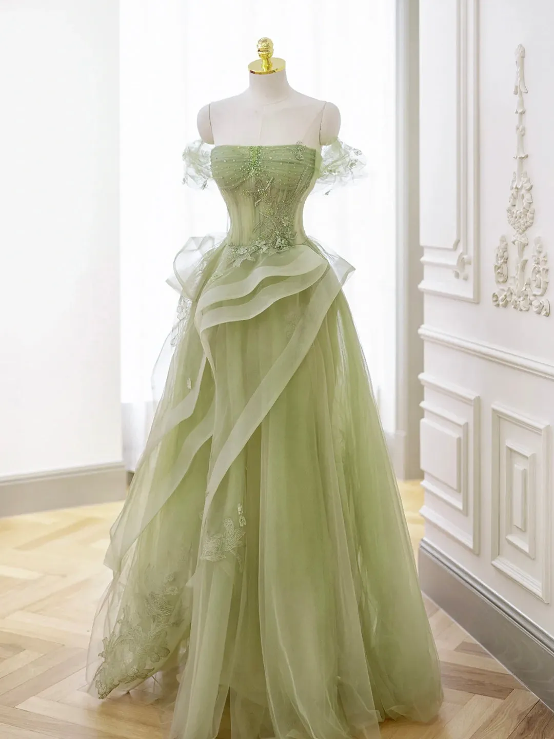 Green Tulle Long Floor Length Prom Dress Beautiful A-Line Evening Party Dress with Lace