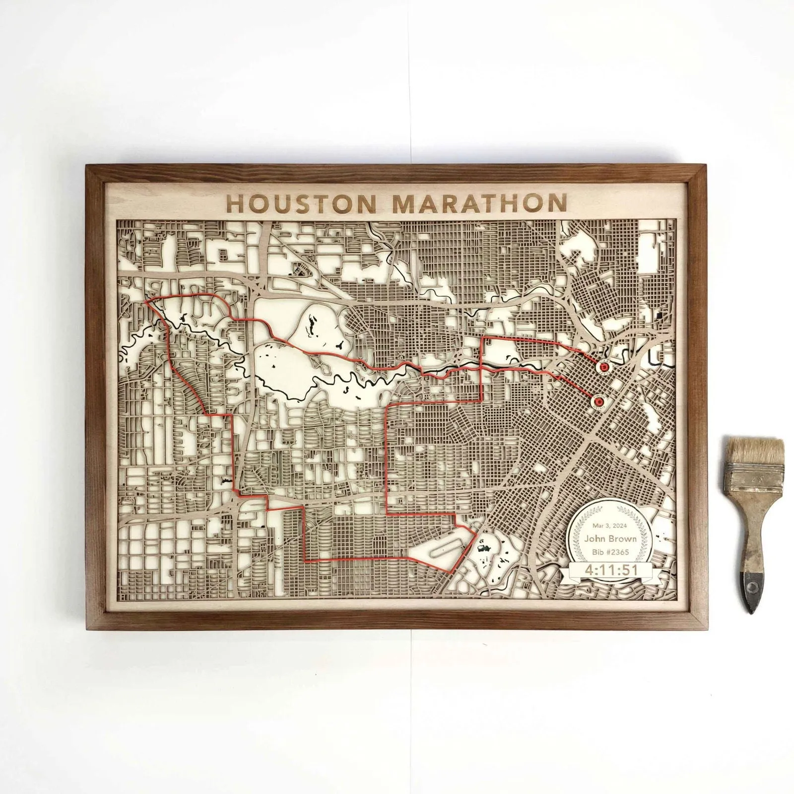 Houston Marathon Laser-Cut Wooden Map – Unique Runner Poster Gift