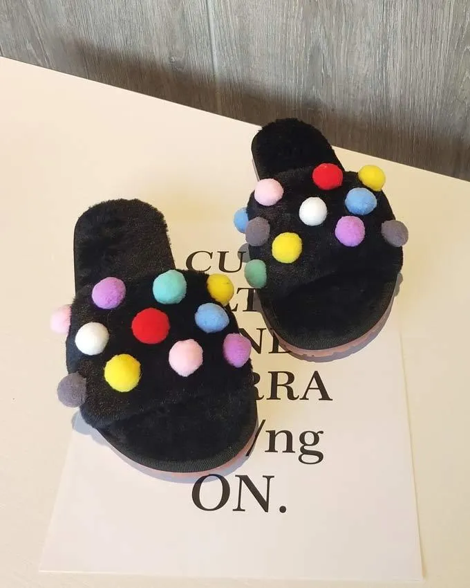 Pompom Plush Slippers for Women