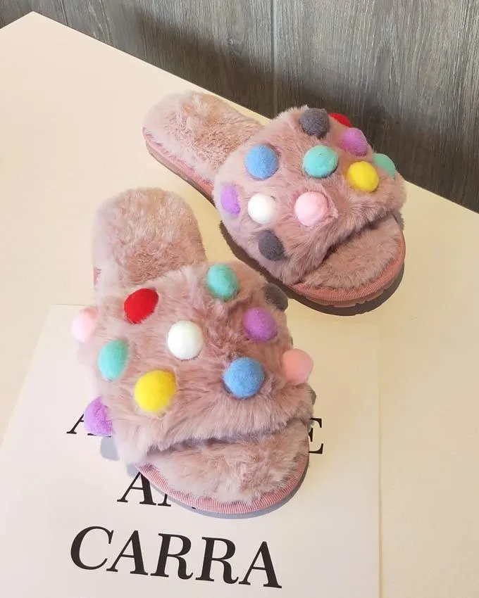 Pompom Plush Slippers for Women