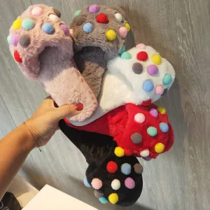 Pompom Plush Slippers for Women