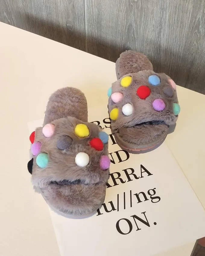 Pompom Plush Slippers for Women