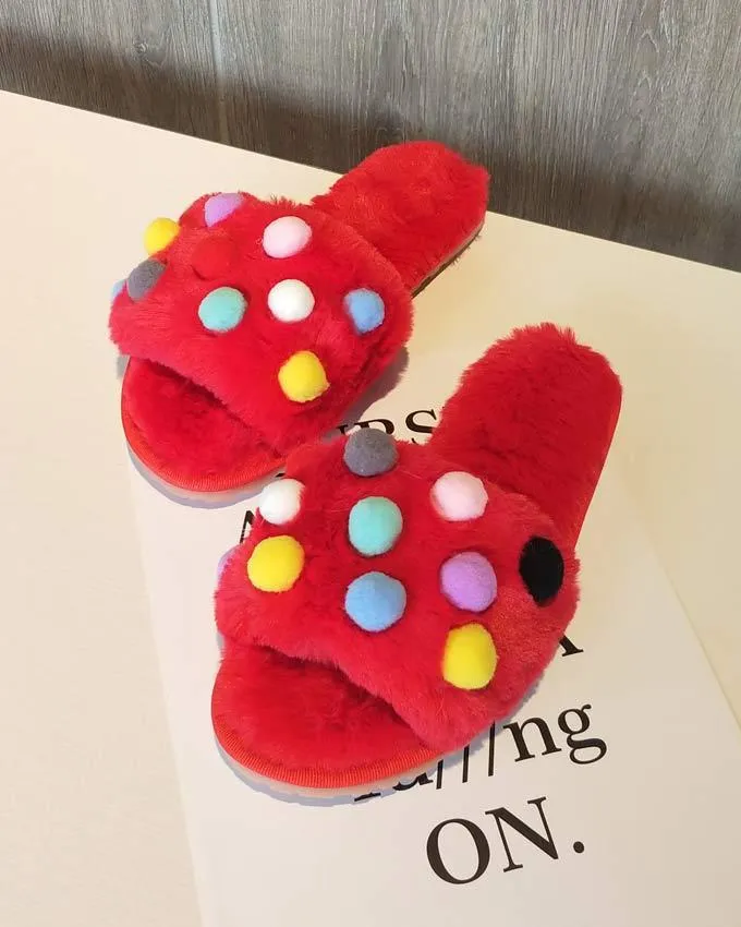 Pompom Plush Slippers for Women
