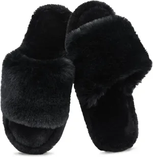 Rosoz Women's Soft Plush Fuzzy Slippers Memory Foam Anti-Skid Sole House Bedroom Shoes Indoor Outdoor Open Toe Sandals