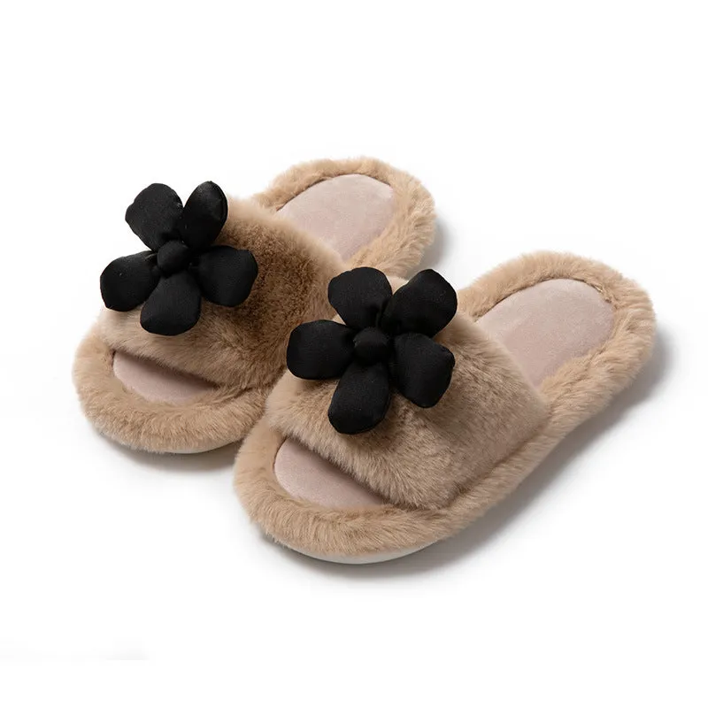 Satin Flower Plush Slippers for Women