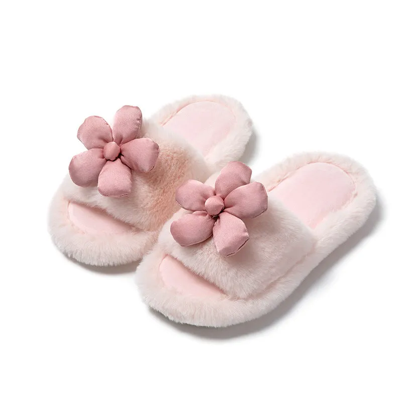 Satin Flower Plush Slippers for Women