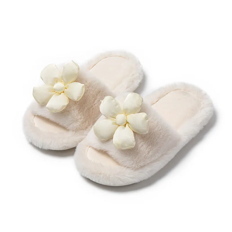 Satin Flower Plush Slippers for Women