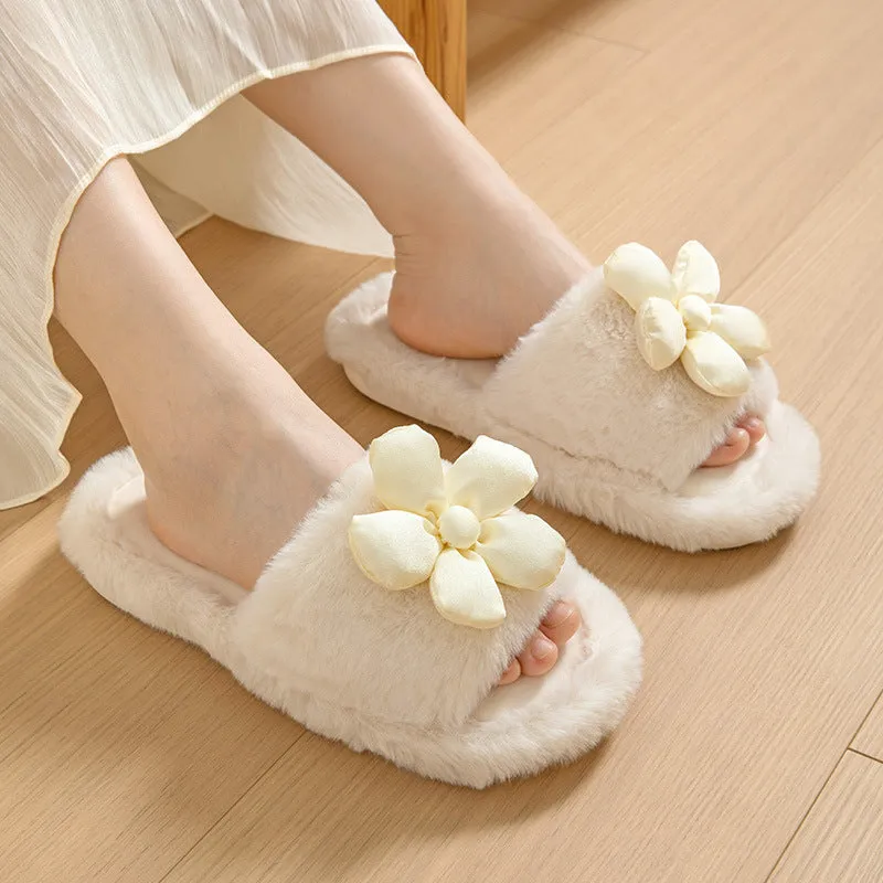 Satin Flower Plush Slippers for Women