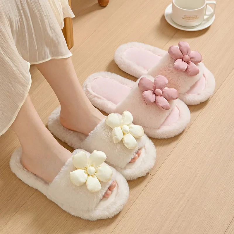 Satin Flower Plush Slippers for Women