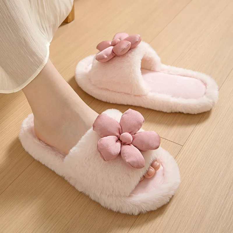 Satin Flower Plush Slippers for Women