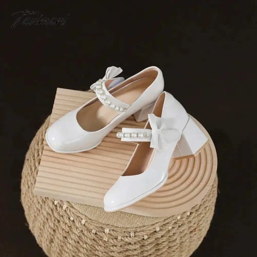 Tavimart Ladies Lolita Sweet Fashion Shoes Retro Pumps Casual Summer Marry Janes Round Toe Shoes Woman Bow Pearls Design