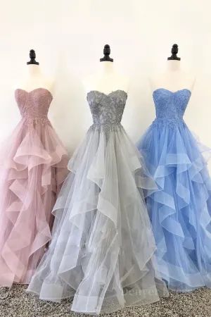 Unique sweetheart tulle lace long prom dress tulle evening dress