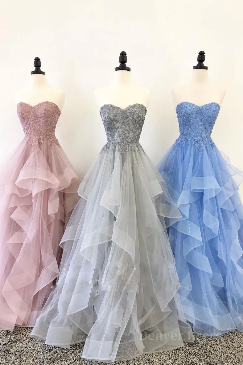Unique sweetheart tulle lace long prom dress tulle evening dress