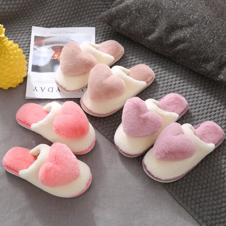 White Plush Slippers with Pastel Color Hearts