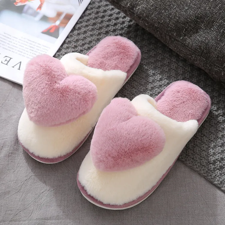 White Plush Slippers with Pastel Color Hearts