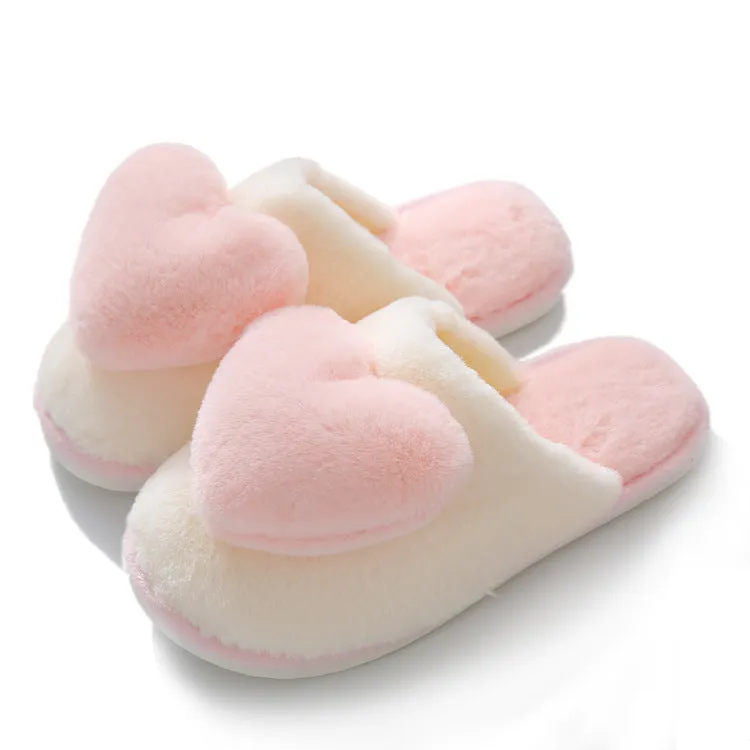 White Plush Slippers with Pastel Color Hearts
