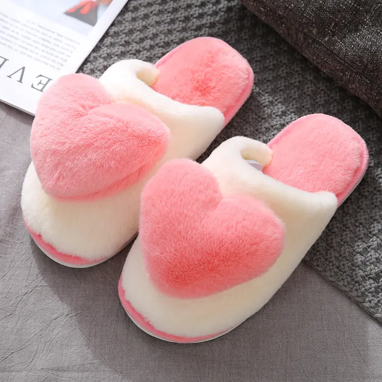 White Plush Slippers with Pastel Color Hearts