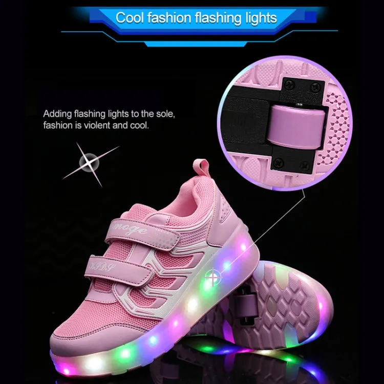 WS01 LED Light Ultra Light Mesh Surface Rechargeable Double Wheel Roller Skating Shoes Sport Shoes, Size : 32(Black)